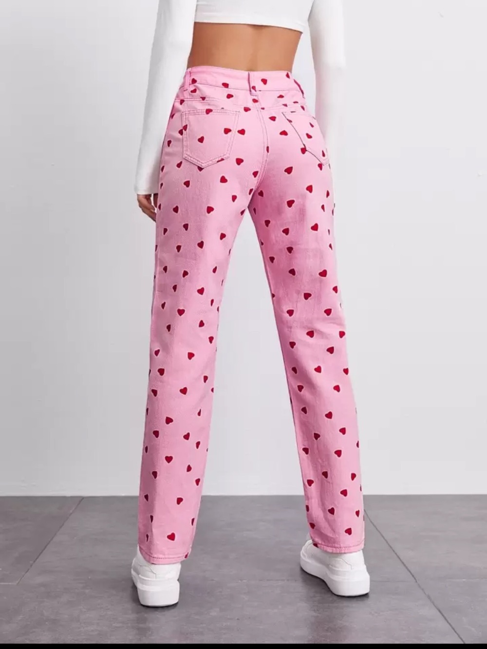 SHEIN | High Waist Straight Denim Jeans Pink Red Heart Print - Picture 3 of 10